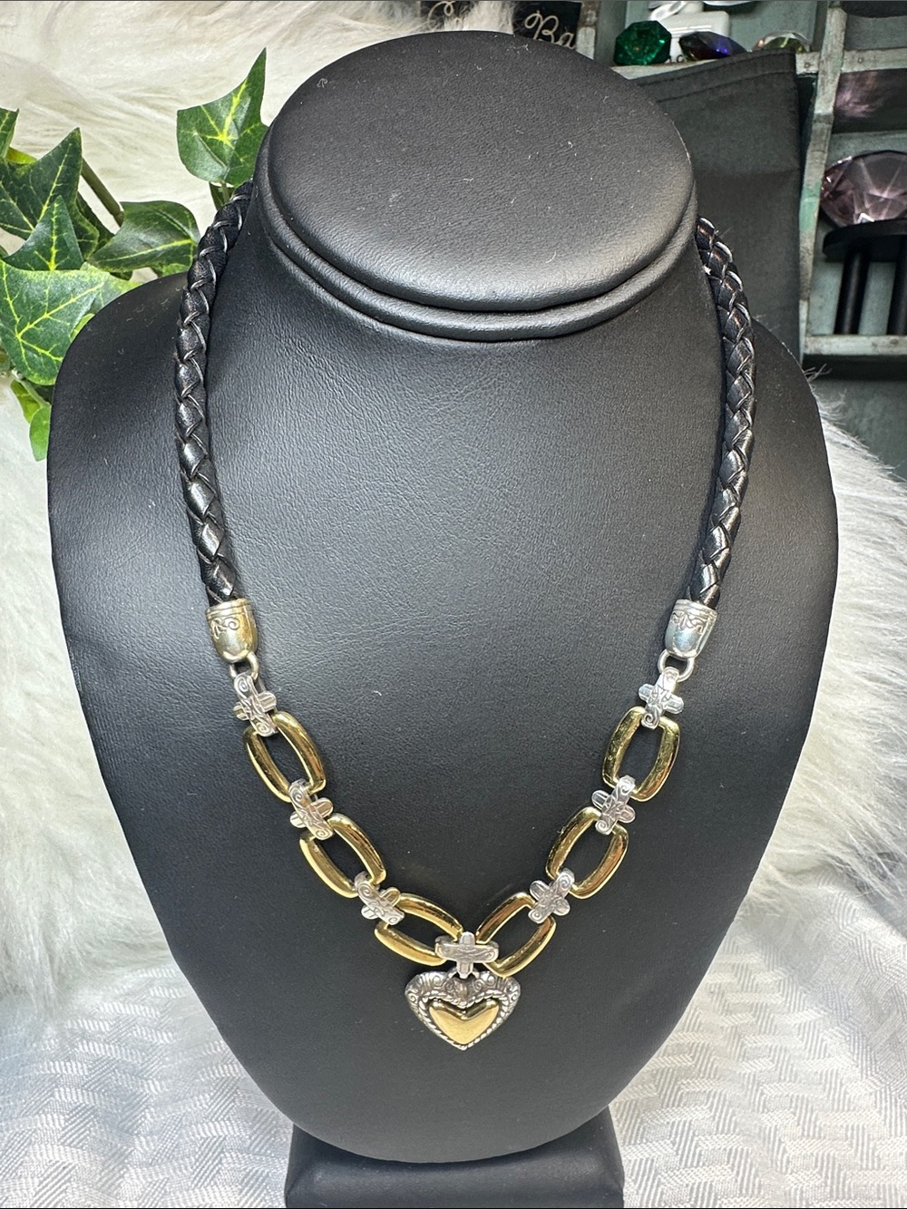 Brighton necklace braided black leather silver choker chunky